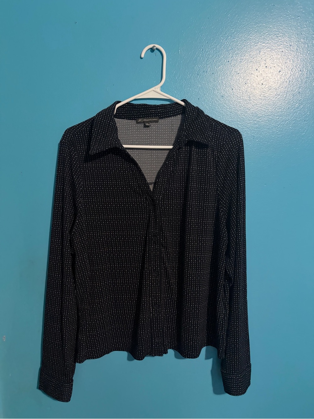 Adrianna Papell Black Button-Down Shirt with White Micro Dots